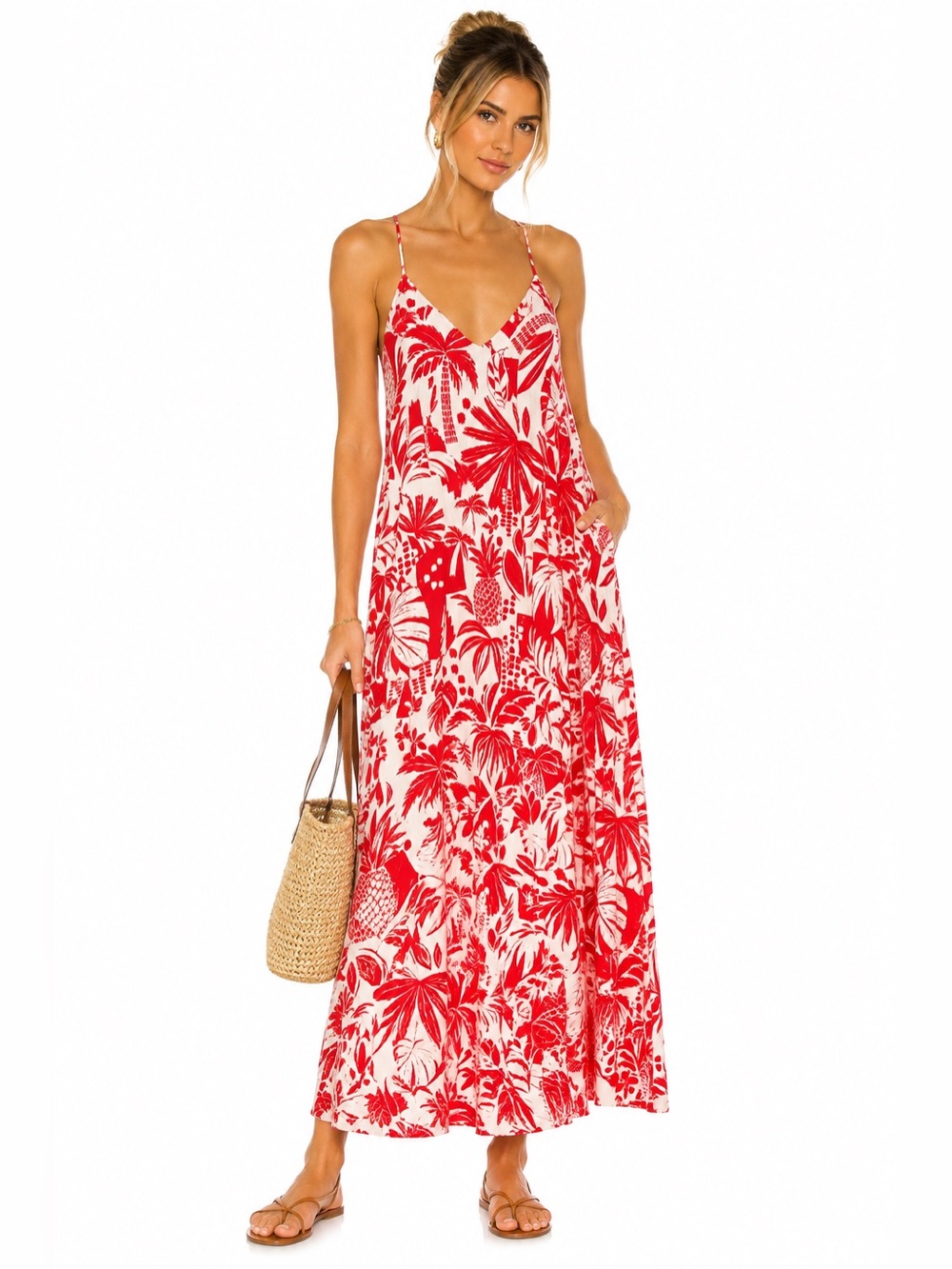 Zara Red Tropical Print Slip Dress - Women's V-Neck Maxi
